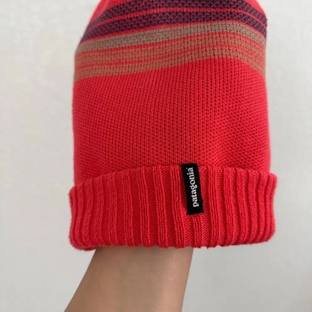 Patagonia Kid's Powder Town Pom Pom Beanie Forest Stripe Knit​ / Sumac Red OS